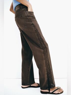 NWT Zara Woman JEANS Z1975 LOOSE COMBINED CROCHET Denim Brown Size 2